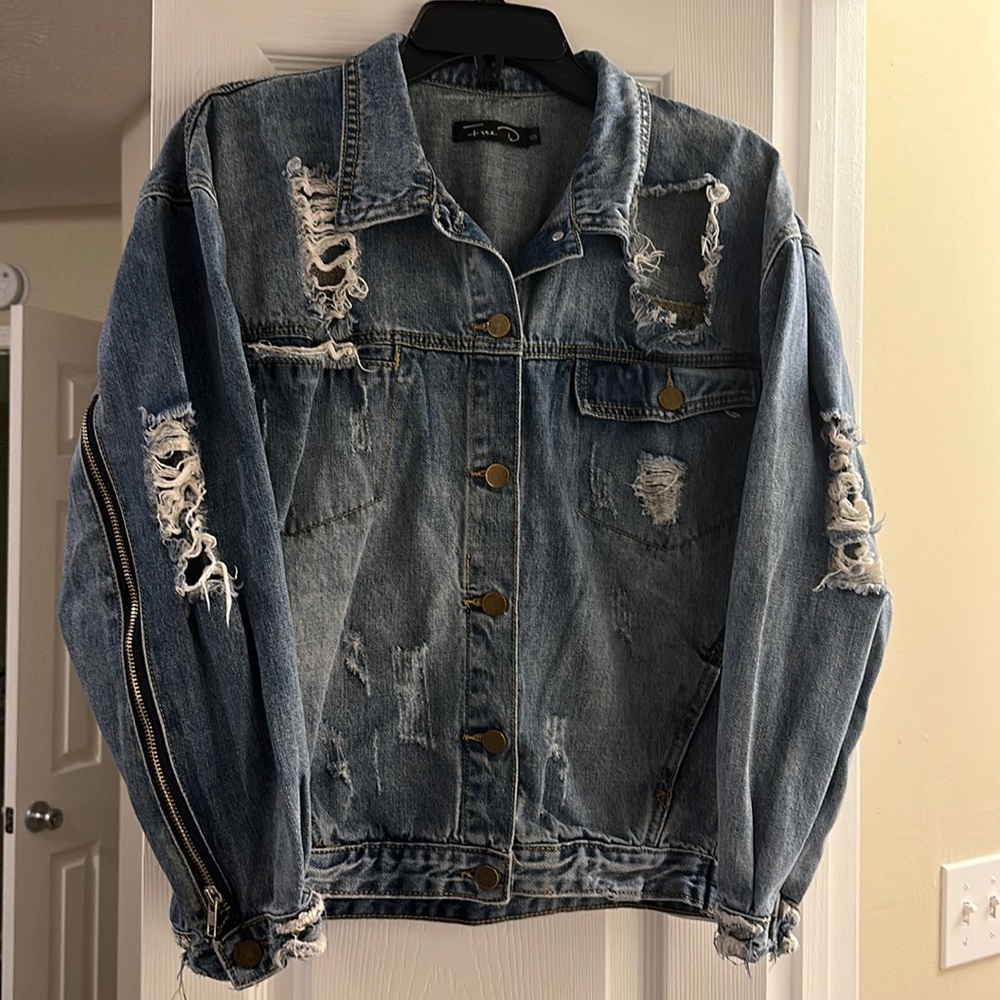Free D Oversized Super Distressed Moto-Style Jean Jacket
